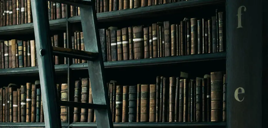 Kütüphane merdiveni ve yüksek kitap rafları